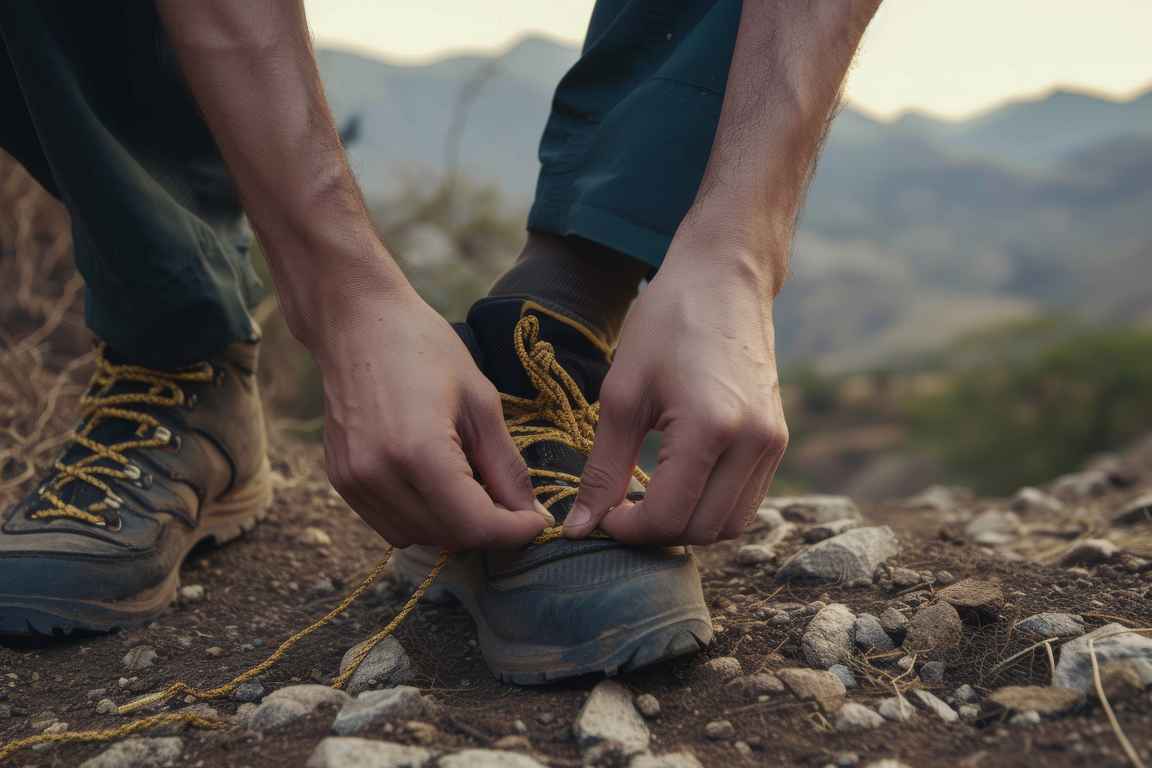 Close up of young man hiker tying shoelaces and getting ready for trekking in mountain Close up 