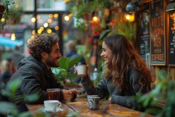 Couple Enjoying Coffee at a Cozy Outdoor Cafe