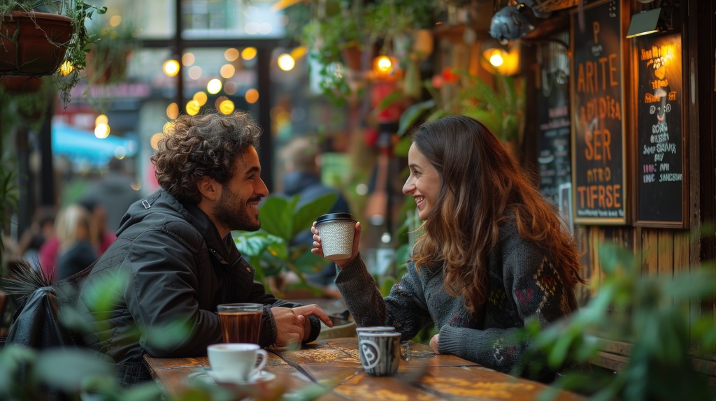 Couple Enjoying Coffee at a Cozy Outdoor Cafe