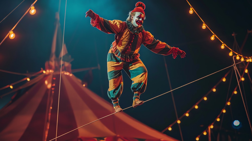 A clown in a colorful costume walks a tightrope high above a circus tent.