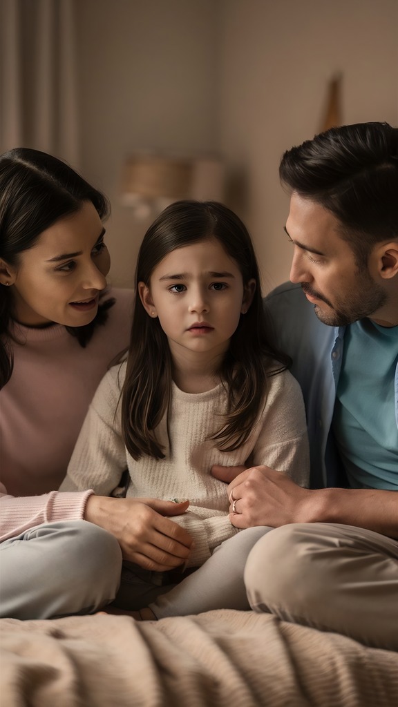 Little girl sitting with her parents on the bed looking serious