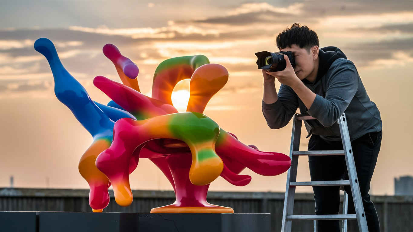 A man taking a picture of a colorful sculpture with a camera